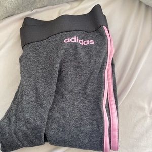 pink and grey striped adidas leggings